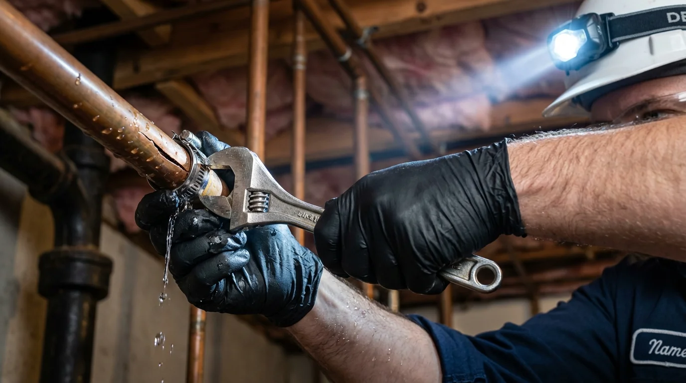 Emergency pipe clamp repair being performed by a Johns Plumbing LLC plumber in Cold Spring