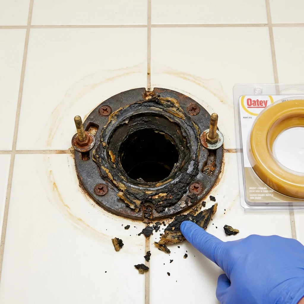 Failed wax ring showing water seepage at the base of a toilet in a Cold Spring, MN home