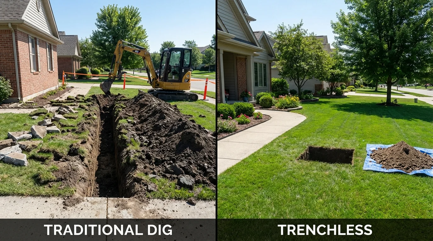 Trenchless sewer repair with minimal yard damage versus traditional excavation in Cold Spring, MN